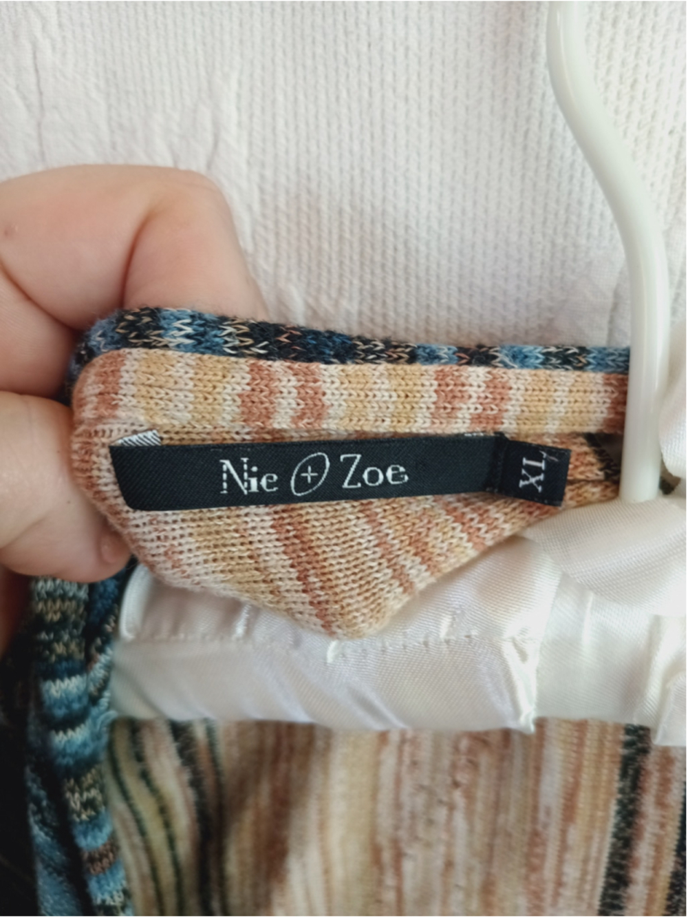 Pointelle Open Front waterfall Cardigan Beige Blue Striped knit sweater diamond - Picture 7 of 10